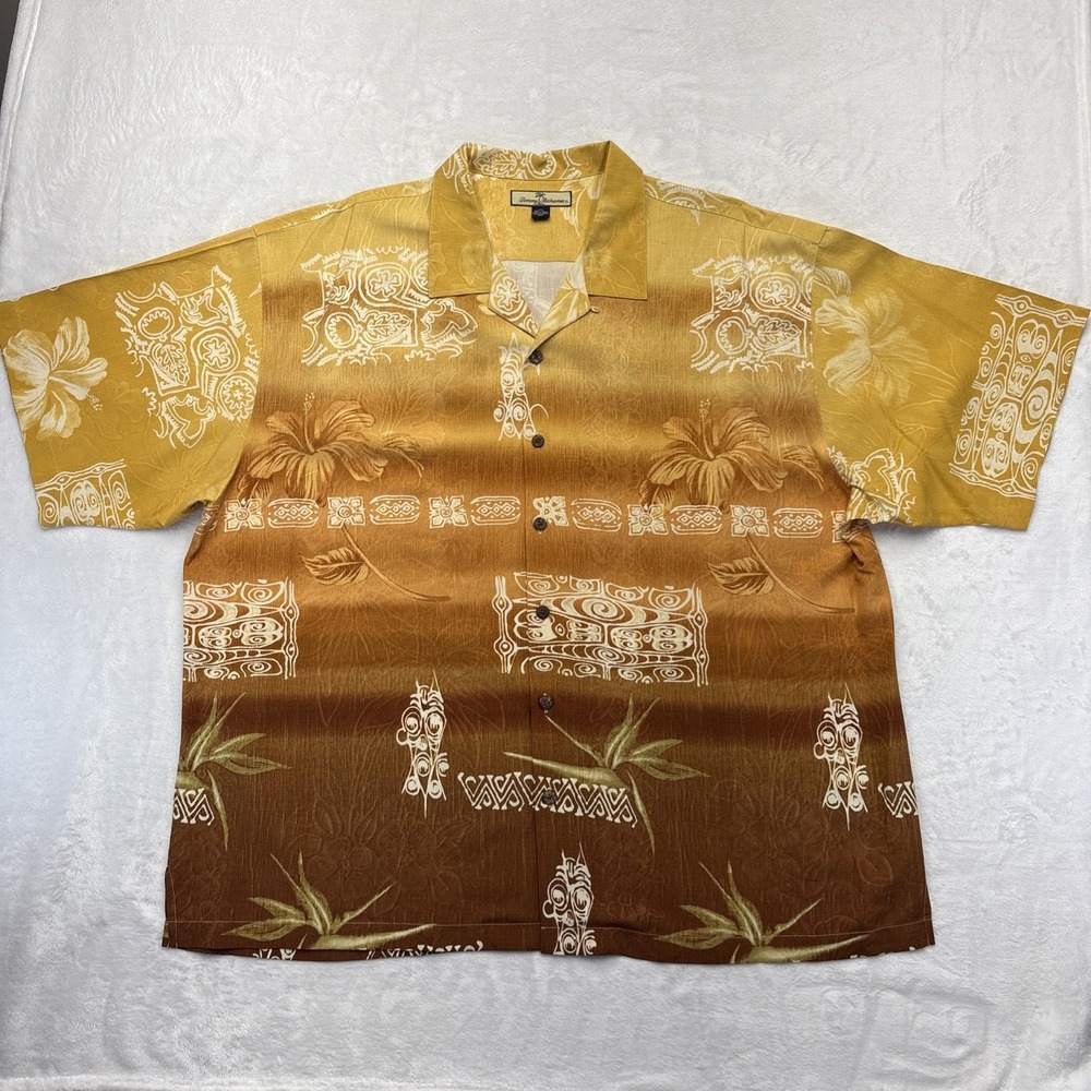 Tommy Bahama Mens XXL Silk Camp Shirt Tiki Hibiscus Ombre Brown Gold